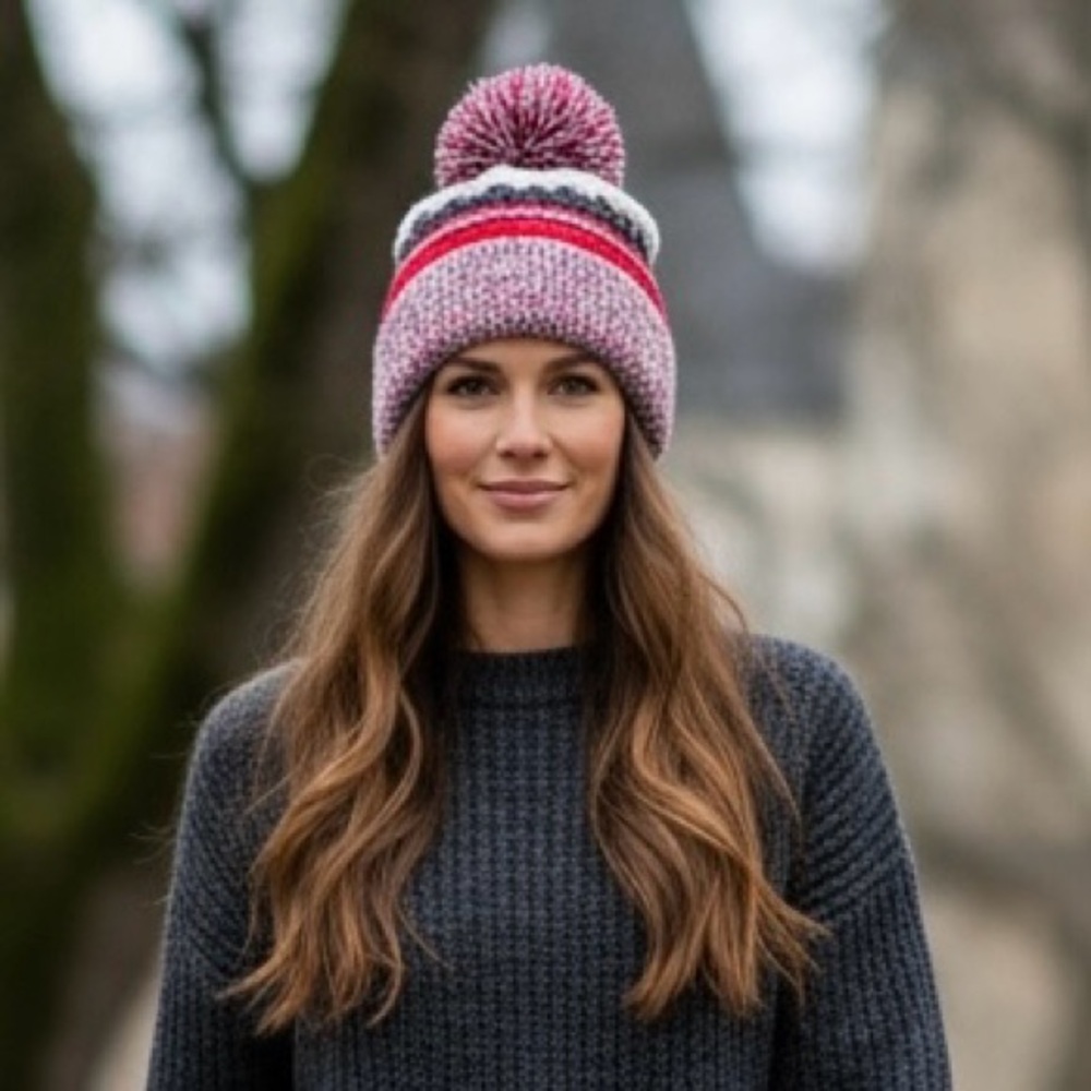 Sport-Tek Pink Raspberry/Iron Grey/White Pom-Pom Beanie - New Without Tags